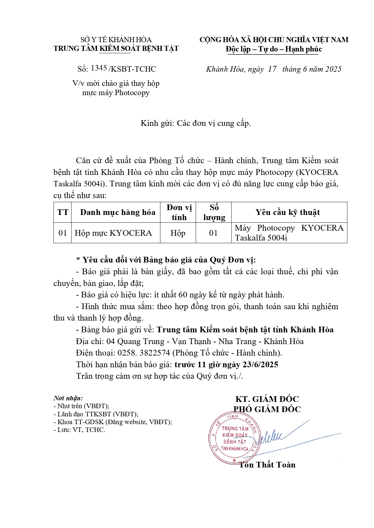 V/v mời chào giá thay hộp mực máy Photocopy